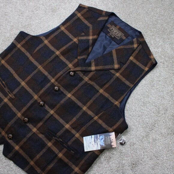 Madison Creek Wool Vest NWT Mens 2XL XXL Brown/Blue Plaid Asheville Poly Lined - Picture 2 of 16